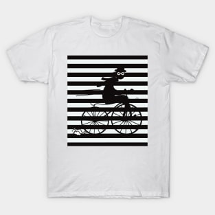 Black and white striped pattern with a shady cyclist running fast on an old bicycle T-Shirt